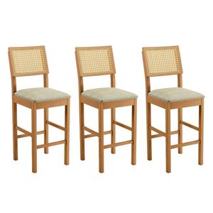 Conjunto 3 Banquetas Jade 03 Madeira Maciça Jcm Encosto Rattan E Linho Bege