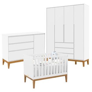 Quarto De Bebê Nature Clean 4 Portas Com Berço Unique Branco Soft Eco Wood - Matic