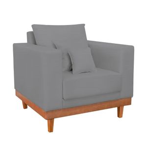 Poltrona Living Resistente Linho Base Madeira Com Almofadas Grafite