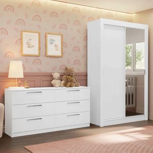 Kit Guarda-roupa Infantil Milano 2 Portas De Correr Com Espelho + Cômoda Branco Madesa Branco
