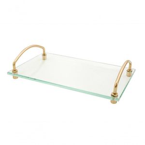 Bandeja Decorativa Vidro Organizadora Bancada Alças Dourada
