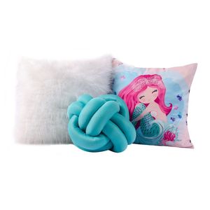 Kit Capas Almofadas Nó Plush Sereia Turquesa Branco 3 Peça