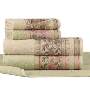 Jogo Toalhas De Banho Fio Penteado 5 Peças Jacquard - Nice - Malva + Palha