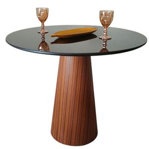 Mesa De Jantar Cone 100 Cm Base Madeira Pau Ferro Rajado Tampo Laca + Vidro Cor Preto