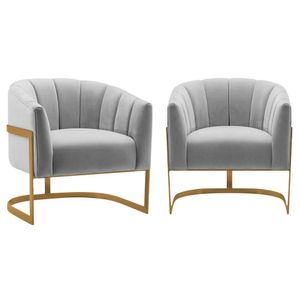 Kit 2 Poltronas Decorativas Sala De Estar Recepção Mavie Base De Ferro Dourado Linho Cinza Claro