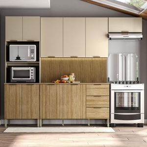 Armário De Cozinha Completa Com Balcão Com Tampo 10 Portas Glam Freijó-vanilla-com Ripado
