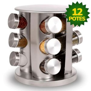 Porta Condimentos E Temperos Giratório Com 12 Potes Em Aço Inox e Vidro