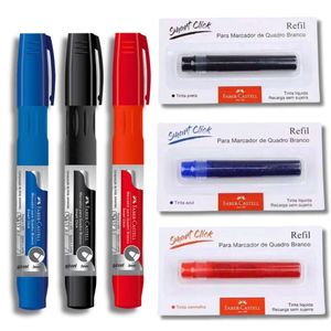 Kit 3 Marcadores Quadro Branco Recarregável + 3 Refil Faber-castell Azul, Preto E Vermelho