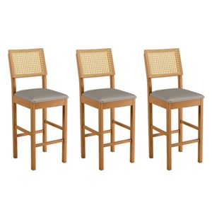 Conjunto 3 Banquetas Jade 03 Madeira Maciça Jcm Encosto Rattan E Veludo Cinza