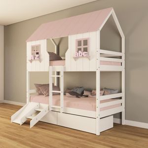 Beliche Casinha Encantada Com 02 Gavetas Kit Escada/ Escorregador Madeira Maciça Branco/ Rosa Housin