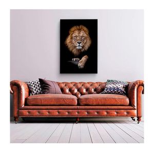 Quadro Decorativo Animais Retrato Do Leão C- Moldura Dourada Tamanho 100 X 70cm