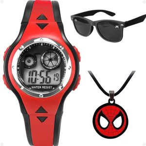 Relogio Vermelho Led Infantil + Colar Casual Presente Digital Heroi Silicone Ajustavel Preto Social