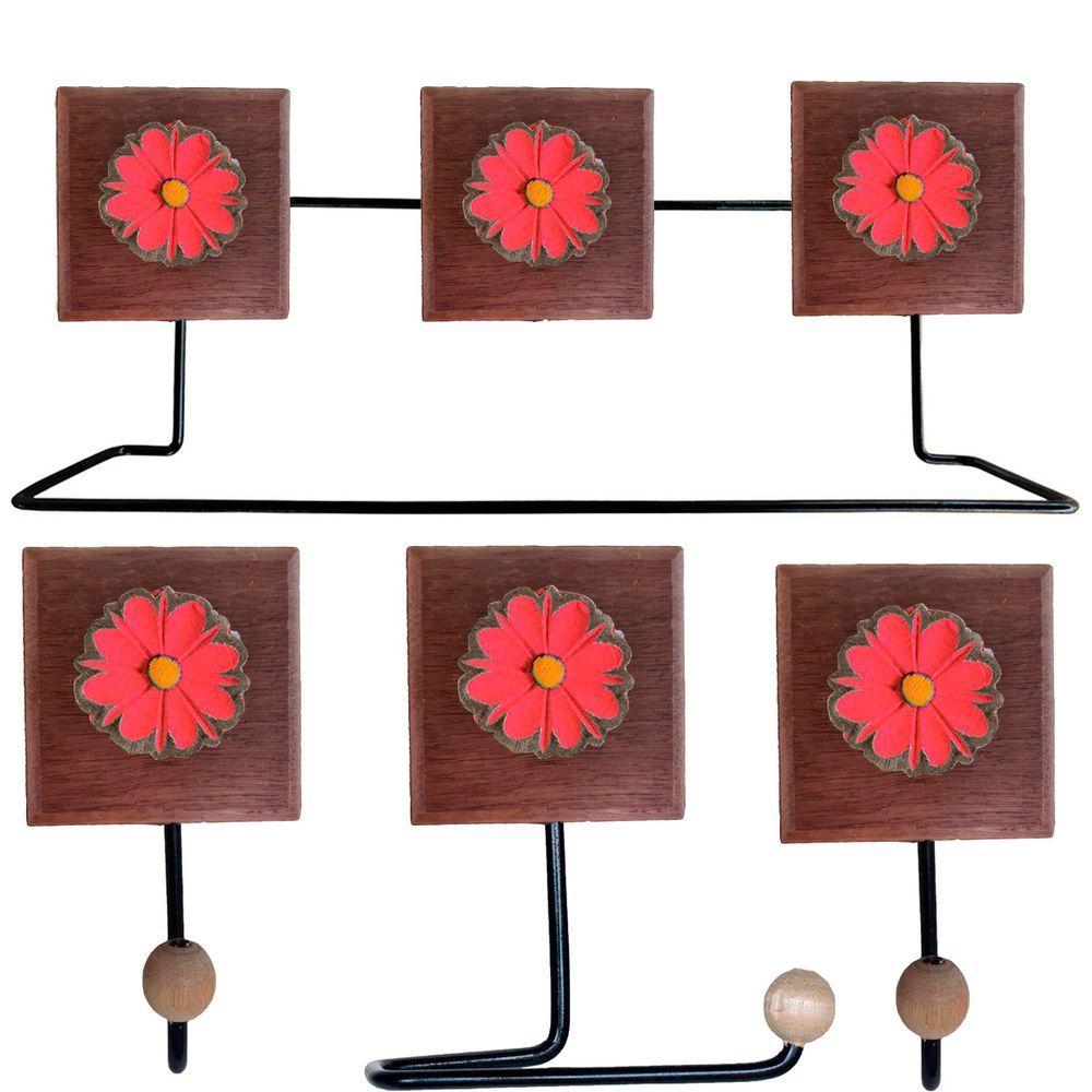 Encontraproduto.com.br - Kit Banheiro Com 2 Toalheiros + Porta Papel Higiênico + Toalheiro Rustico Artesanal Flores Coloridas 3d Cor Vermelho