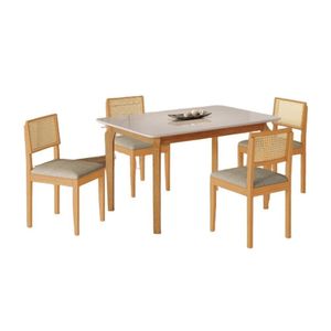 Conjunto Mesa De Jantar Alegra Off White 1,20m Com 4 Cadeiras Jade 03 Linho Cinza