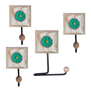 Kit Para Banheiro Com 3 Toalheiros E 1 Porta Papel Higiênico Rustico Flor Azul Cor Verde