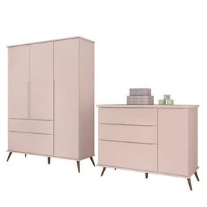 Jogo De Quarto Infantil Retrô Alice Guarda Roupa E Cômoda Com Porta Rosê - Pr Baby Rosê