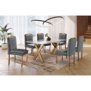 Sala de Jantar com 6 Lugares Mesa Tampo de Vidro Móveis Mundial Mel/Off White/Cinza Profundo