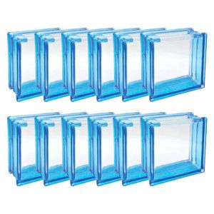 Kit 12 Bloco De Vidro Azul C Furo Quadrado 19x19x8 Tradestar