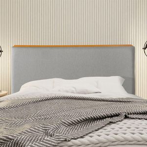 Cabeceira Cama Box Casal 1,40m Estofada Detalhe Em Madeira Java Linho Cinza