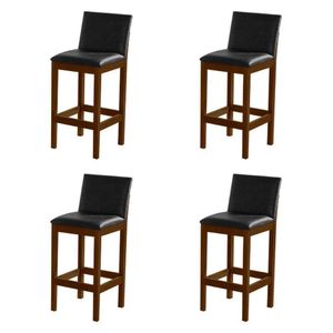 Kit 4 Banquetas Alta Pérola Com Encosto Estofada Em Couro Pu Preto Madeira Maciça Imbuia
