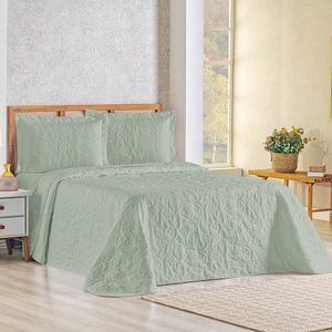 Kit Cobre Leito Colcha Celeste Queen 3 Peças Matelado Floral 180 Fios - Verde Malva