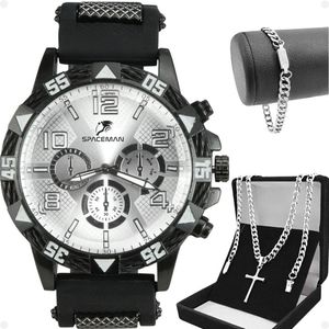 Relogio Masculino Aço Inox + Cordão Crucifixo + Pulseira Preto Spaceman Cruz Fina