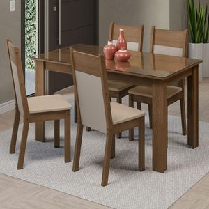 Mesa de Jantar Tampo Vidro 4 Cadeiras Rustic-crema-bege