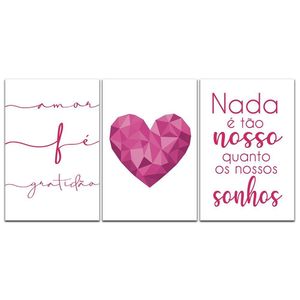 Kit Placas Quadros Decorativos 3 pçs 20x30 Coração Fúcsia