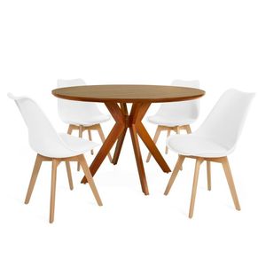 Conjunto Mesa De Jantar Redonda Marci Premium 120cm Natural Com 4 Cadeiras Leda - Branco