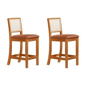 Kit 2 Banquetas Altas Em Tela Sextavadas Assento Estofado Couro Pu Caramelo Rubi Madeira Maciça Mel