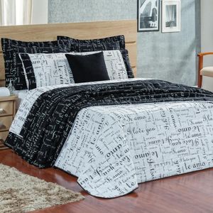Cobre Leito Queen Te Amo Dupla Face 150 Fios Algodão 3 Peças - Preto-branco
