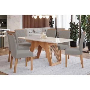 Conjunto Mesa De Cozinha Carol Tampo Madeirado Com Vidro 180x90cm E 6 Cadeiras Fernanda Madeirado Linho Grafite Cimol