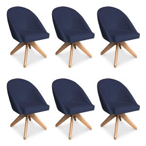 Kit 06 Poltronas Cadeira Giratória Bela Veludo Azul Marinho Base De Madeira - Pallazio