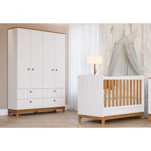 Quarto Para Bebê Guarda Roupa E Berço 100% MDF Biscoito Permobili Branco/Nature