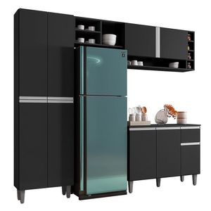 Cozinha Modulada Vanessa 230cm Paneleiro, Balcão Com Tampo Mdp E Aéreo Preto - Ajl Móveis Preto
