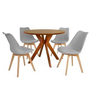 Conjunto Mesa De Jantar Redonda Marci Premium 100cm Natural Com 4 Cadeiras Leda - Cinza