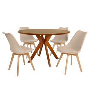 Conjunto Mesa De Jantar Redonda Marci Premium 120cm Natural Com 4 Cadeiras Leda - Nude