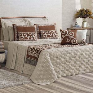 Kit Cobre Leito Colcha Tierry Queen 5 Peças Hipercal 180 Fios - Cáqui