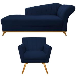Kit Diva Recamier Vanessa 160cm Lado Esquerdo E 01 Poltrona Laura Suede Cor Azul Marinho