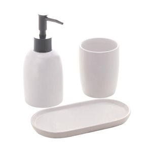 Cj 3pçs P/ Banheiro De Cerâmica Branco E Prateado