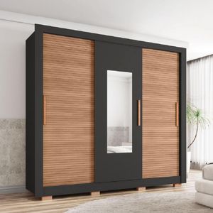 Guarda Roupas Casal Com Espelho Ripado Impressão 3d 3 Portas De Correr 2 Gavetas Caemmun Mad Preto