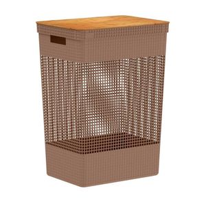 Cesto De Roupa Grid Marrom Amêndoa 49 L Com Tampa De Bambu 38 X 28 X 55,6 Cm Ou