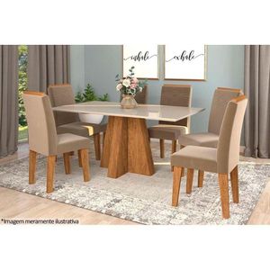 Conjunto Sala De Jantar Patricia C- Tampo Madeirado C- Vidro Canto Reto 160x80cm E 6 Cadeiras Taís Savana-nature-madeirado-off White -velud-cimol