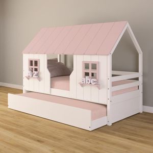 Bicama Casinha Encantada Madeira Maciça Branco/ Rosa Housin