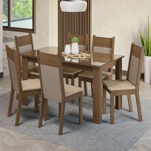 Mesa de Jantar Tampo Vidro 6 Cadeiras Rustic-crema-bege