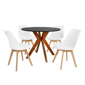 Conjunto Mesa De Jantar Redonda Marci 100cm Preta Com 4 Cadeiras Leda Branco