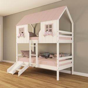 Beliche Casinha Encantada Com Kit Escada/ Escorregador Madeira Maciça Branco/ Rosa Housin