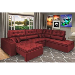 Sofá De Canto Retrátil E Reclinável Com Molas Cama Inbox Platinum 3,00x2,36 Tecido Suede Vermelho