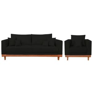 Kit Poltrona Living + Sofá 2 Lugares Com Base Madeira Suede Preto