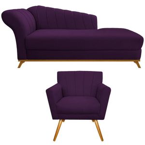 Kit Diva Recamier Vanessa 160cm Lado Direito E 01 Poltrona Laura Suede Cor Roxo